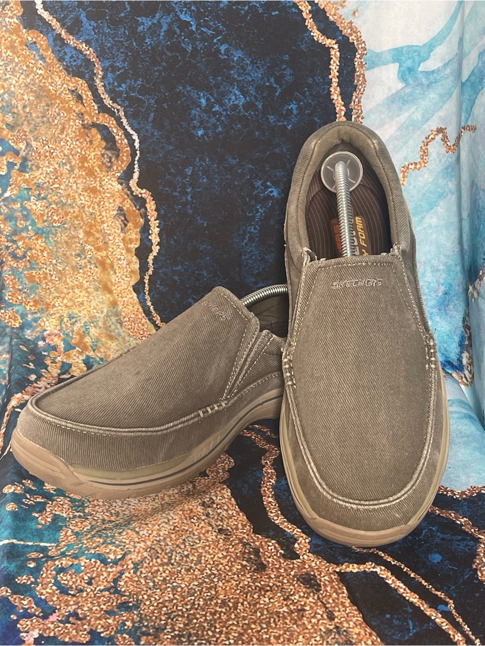 Skechers Relaxed Fit Men’s 12 Slip On Loafers Khaki Canvas Casual Comfort Shoes